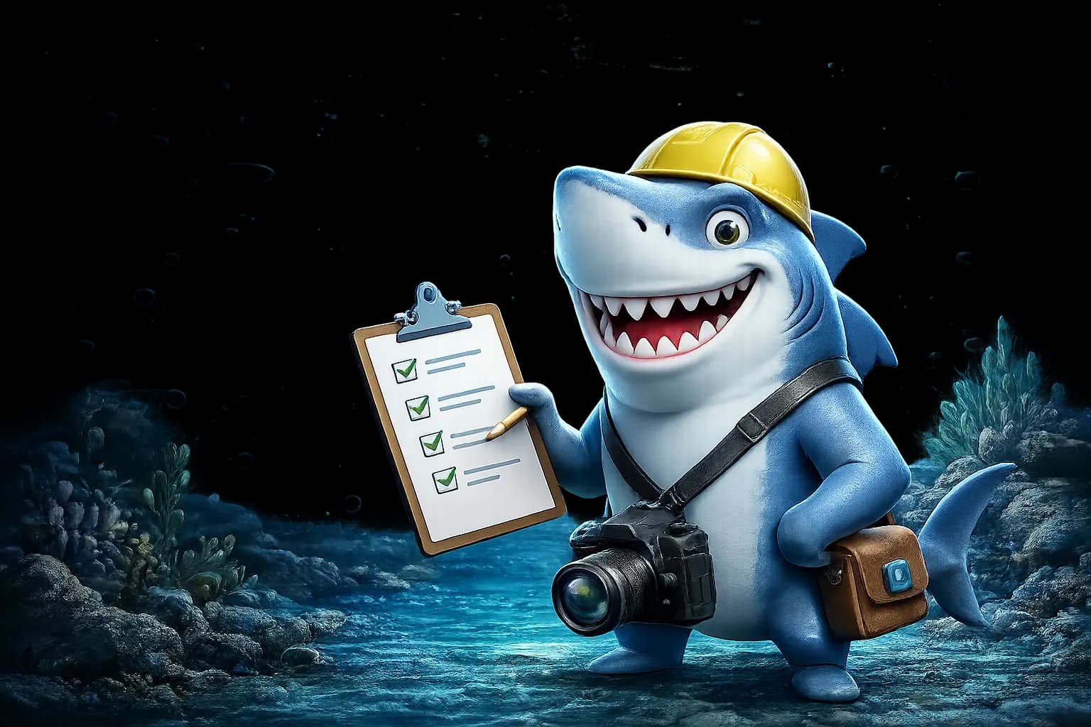 PhotoShark mascot holding a backup checklist