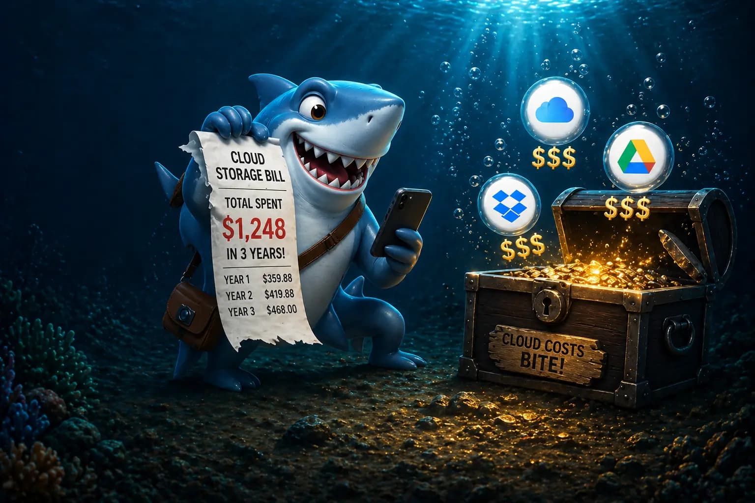 PhotoShark mascot with a cloud storage bill and treasure chest